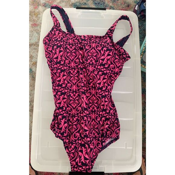 Women's Lands End Pink Navy Hobo Printed One Piece Bathing Swimsuit - Picture 3 of 10